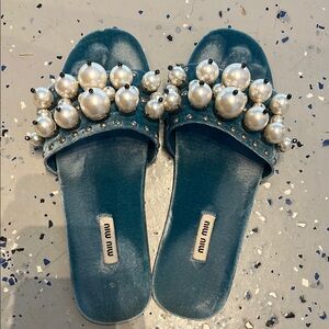Miu Miu Blue Sandals with Pearl Embellishments